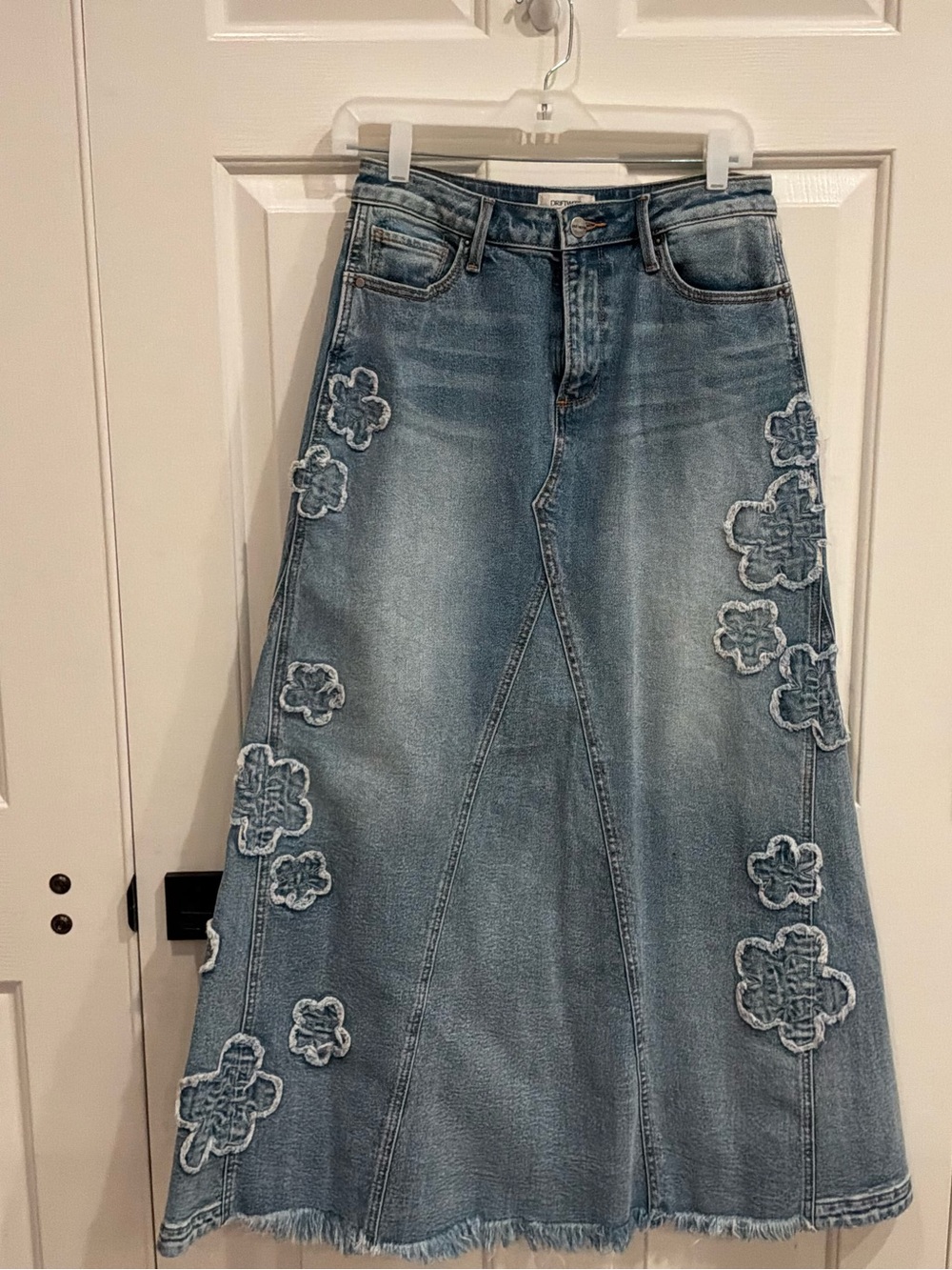 Free People Light Blue Denim Maxi Skirt with Floral Appliqué. NWOT